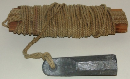 Late 19th century plumb-line. Wood, hemp-rope & lead weight. Marked "2". 