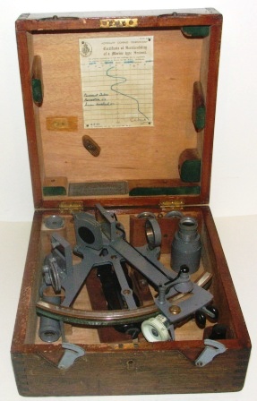 Mid 20th century metal sextant made by H. Hughes & Son Ltd., London. No 38299. Last corrected in 1953. Two telescopes and nine sun-filters. In original wooden case.