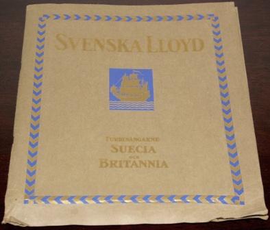 Richly illustrated Svenska Lloyd publication with interiors from their well known passenger vessels, SUECIA and BRITANNIA, travelling between London and Gothenburg. Incl timetable. 