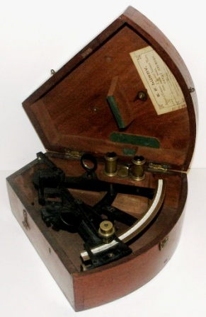 Late 19th century sextant in original mahogany case. Made by A. Harris, West Hartlepool and adjusted 1908 & 1912 by E.F. Lundy, Great Grimsby. Ebony bone scale, vernier with a magnifier to assist scale readings, two telescopes and six sun-filters. 