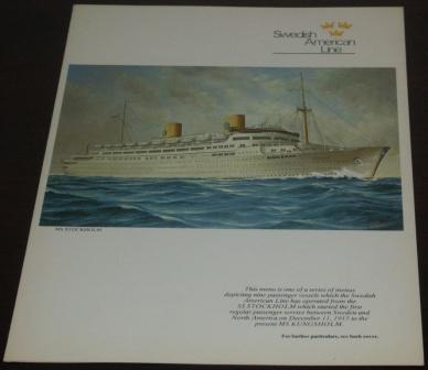 First Tuesday (crossing the date line) April 1, 1975 dinner menu from the passenger liner M/S Kungsholm (Swedish American Line). Front page depicting the earlier M/S Kungsholm built in Italy 1941 and bombed and destroyed off the coast of Yugoslavia.