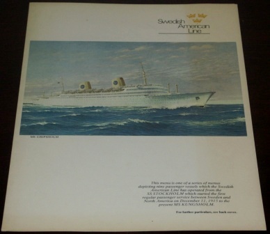 Thursday April 3 1975 dinner menu from the passenger liner M/S Kungsholm (Swedish American Line). Front page depicting the M/S Gripsholm II, built in Italy 1957. 