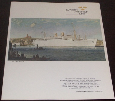 June 10, 1948 luncheon menu from the passenger liner M/S Gripsholm (Swedish American Line). Inserted in a folder, depicting the first passenger vessel built for the Swedish American Line in 1925.