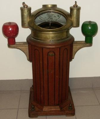 Late 19th century binnacle with compass mounted in gimbals. Binnacle and compass made by Einar Weilbach, Niels Juelsgade 6, København K.