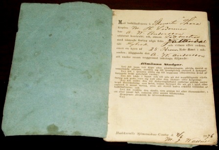Employment contract and salary booklet. Agreement between the captain Läderman and the ordinary seaman Andersson onboard the schooner Thora. Signed and dated Hudiksvalls Sjömanshus-Contor June 4, 1876.