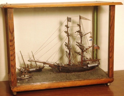 Mid 19th century sailor-made diorama. Depicting sailing vessel, passenger steamer and paddle tug-boat. 