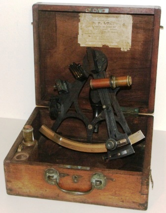 19th century sextant in original mahogany case. Made by A. Johannsen & Co, 149 Minories London. Tulip frame, silver scale and vernier with a magnifier to assist scale readings. Two telescopes and one sun-filter. Adjustment certificate (illegible).