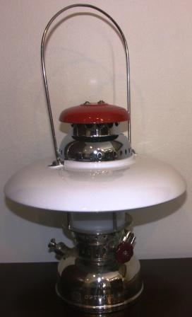 20th century chrome-plated kerosene table/ceiling lamp with frosted glass, made in Sweden by Optimus (glass made in West Germany). No 200. Detachable enamel shade.