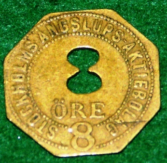 "Eight öre check", made in brass, used for travelling with local Stockholm steam ferry