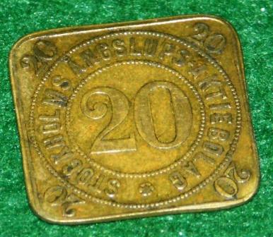"20 öre check", made in brass, used for travelling with local Stockholm steam ferry