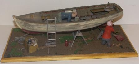 "Prepairing hull and engine for a new exciting season." 20th century model depicting boat-yard scenery.