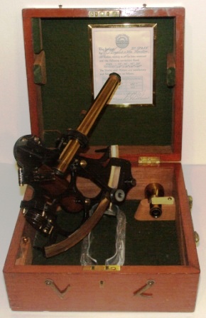 Early 20th century sextant in original mahogany case. Made by Hughes & Son London. No 17438. Sold by C. L. Malmsjö & Co. Göteborg. Circle frame, silver scale, magnifying glass, three telescopes and sun-filters. Last examined and corrected October 28, 1931.
