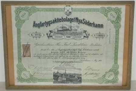 Swedish shipping company ÅNGFARTYGSAKTIEBOLAGET NYA SÖDERHAMN share certificate, dated Söderhamn May 1909. 