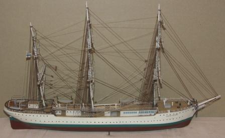 Mid 20th century built model depicting the Finnish full-rigged vessel Soumen Joutsen, today moored in Turku, Finland as a museum ship.