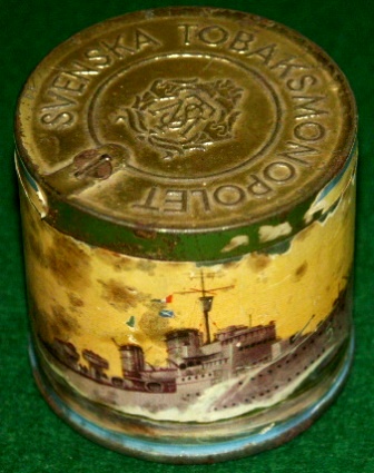 Early 20th century tin jar for tobacco, decorated with a Swedish destroyer.