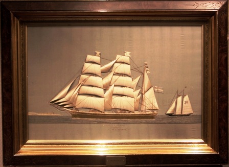 Silk Picture depicting the three masted barque S/F THOR of Stockholm flying the Norwegian/Swedish Union Flag. Built 1873, Swedish shipping company "Rederi Aktiebolag Svea". Captain M.F. Broman. 