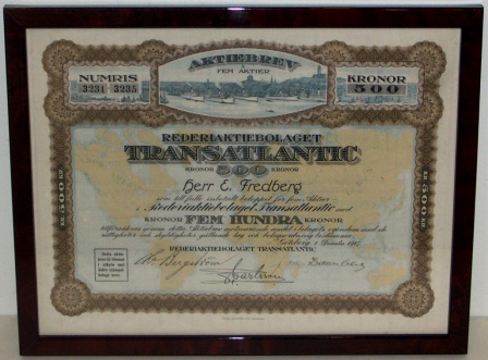 Swedish shipping company REDERIAKTIEBOLAGET TRANSATLANTIC share certificate, dated Gothenburg December 1 1917.