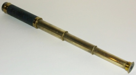 19th century hand-held refracting telescope, maker unknown. With three brass draws and leather and brass bound tube. 