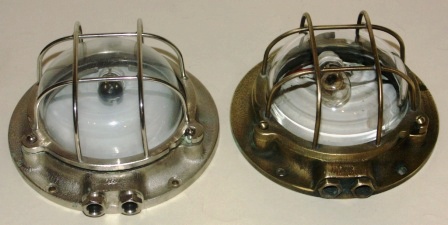 20th century electrified (low voltage) bulkhead / ceiling lamps. Brass and white metal.