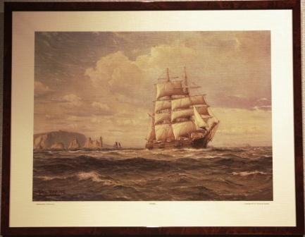 Seascape with barque heading for open sea. 