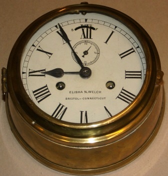 Early 20th century American Elisha N. Welch, Bristol-Connecticut ships clock made in brass.